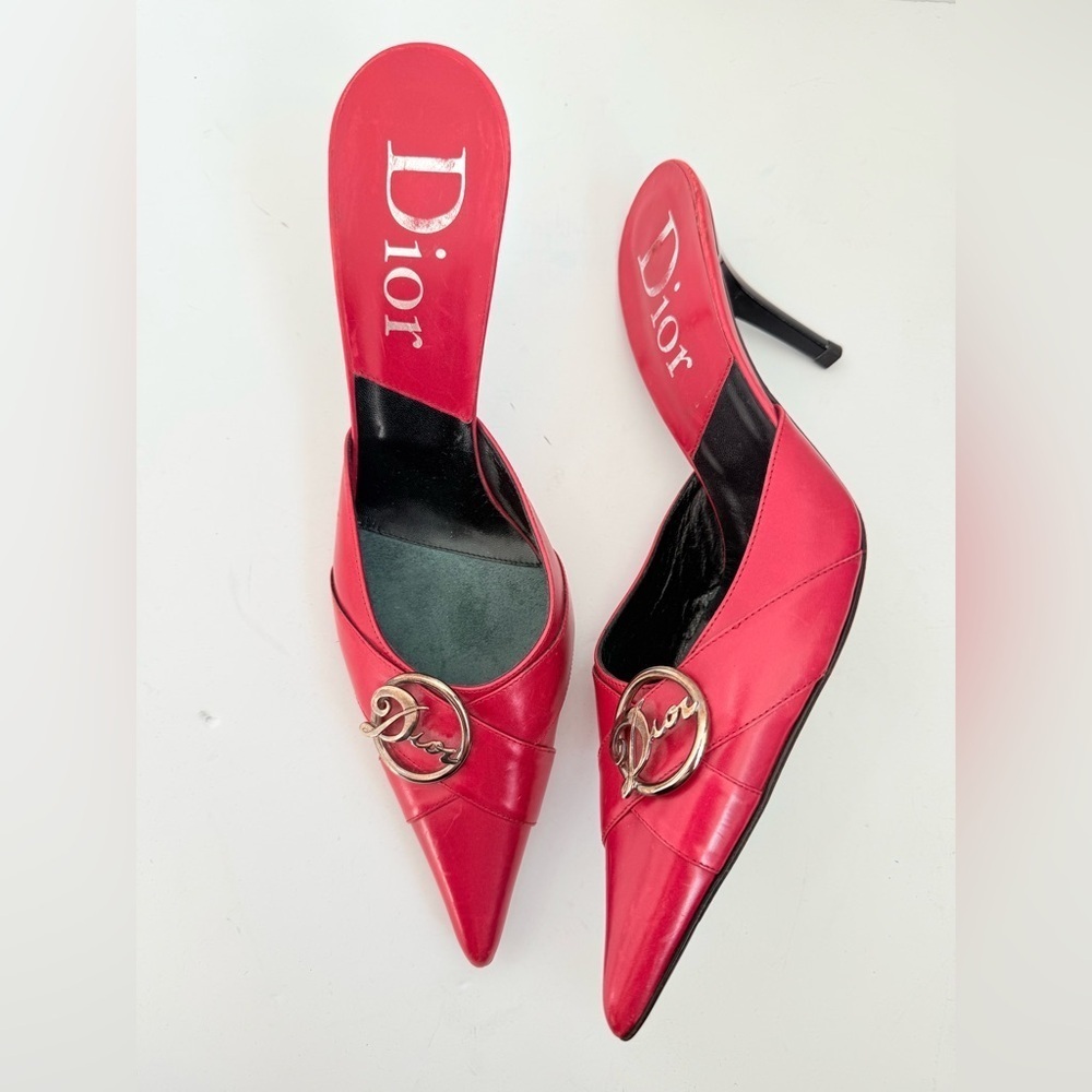 Christian Dior by John Galliano 2000's Red Leather "Dior" Diva Mule Heels EU 40